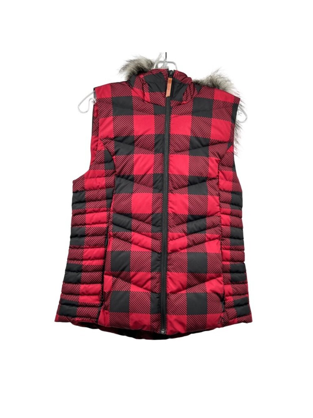 Alpine Design Checkered Vest Full Zip Hooded Faux Fur Red/Multi Pockets Small
